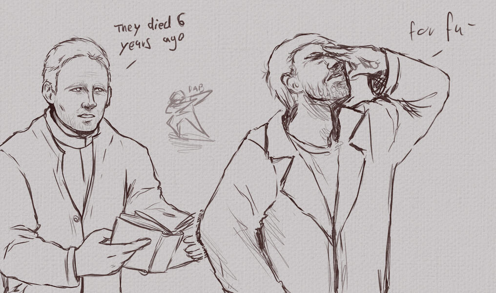 The sketch I had for Last Orders but disliked so much that I drew them as chibis instead. I didn&#39;t look up when dabbing was a thing. 2019 is a guess.